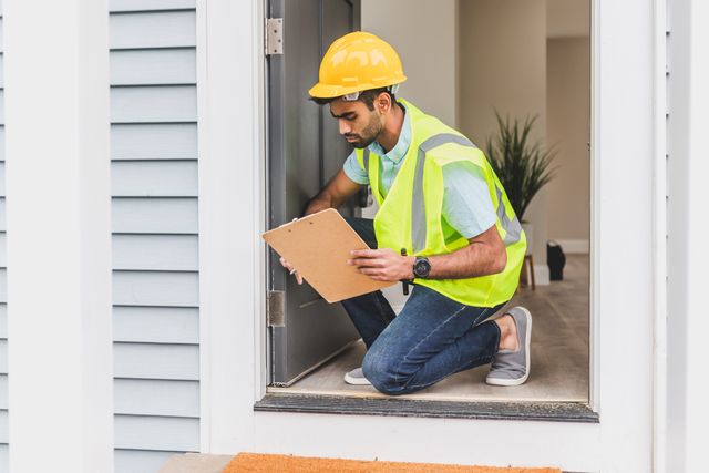 person with a clipboard inspecting a doorframe